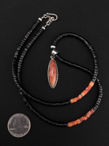 Spiny Oyster Pendant | Black Onyx Heishi | Navajo Sterling Necklace 22" | 4871
