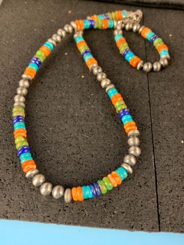 Native American Sterling Silver Multi-Stone Turquoise Lapis Necklace Bracelet Set | Navajo Handmade | 12345 - Masha USA
