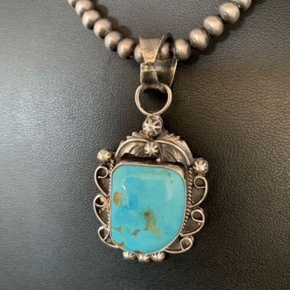 Men's Blue Kingman Turquoise Necklace Pendant | Sterling Silver Navajo Pearls | 13764