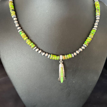 Navajo Green Turquoise Pendant Necklace | Sterling Silver | 22" | Authentic Native American Handmade | 14612