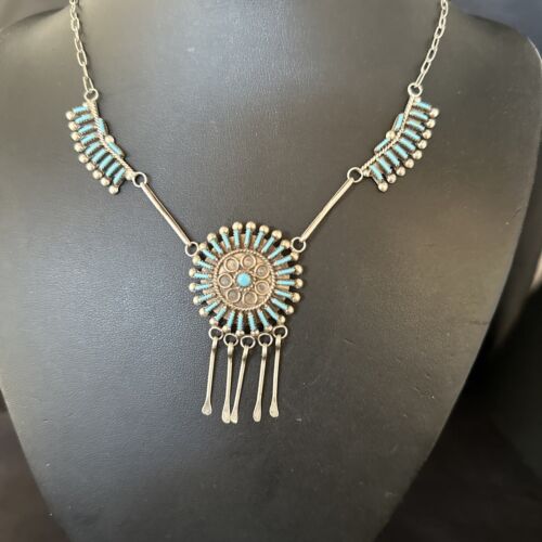 Zuni Kingman Turquoise Needle Point Necklace Pendant Set | Sterling Silver | Authentic Native American Handmade | 14535