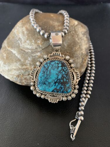 Navajo Blue Spiderweb Turquoise Pendant | Sterling Silver | Authentic Native American Handmade | 10232