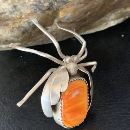 Navajo Spider Pin | Sterling Silver | Orange Spiny Oyster | Authentic Native American Handmade | 13698