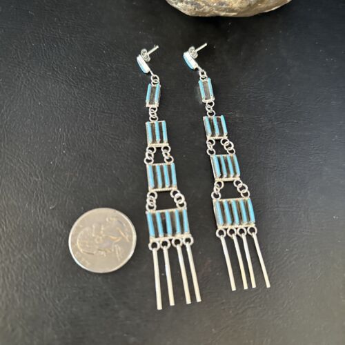 Zuni Kingman Turquoise Needle Point Dangle Earrings | Sterling Silver | Authentic Native American Handmade | 14409