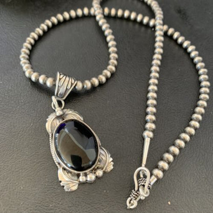 Native American Men's Pendant | Navajo Pearls | Sterling Silver Black Onyx Necklace | 10744