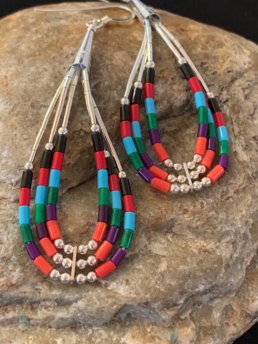 Handmade Liquid Silver Heishi Dangle Earrings | Turquoise Coral | Sterling Silver | 2" | 2001