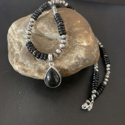 Native American Men's Navajo Pearl Necklace Pendant | Sterling Silver Black Onyx | 11906