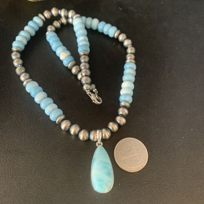Men's Blue Larimar Pendant | 10mm Navajo Sterling Silver Natural Necklace | Authentic Native American Handmade | 13998