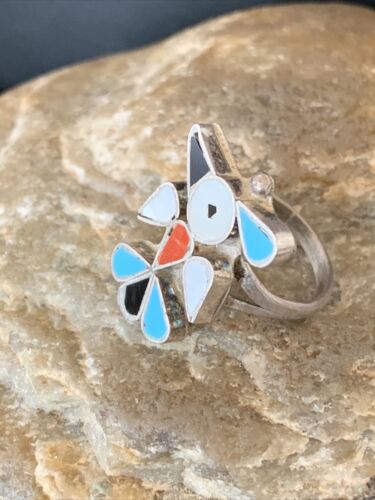 Zuni Peyote Bird Ring | Sterling Silver Coral Turquoise Onyx Mother of Pearl Inlay | Sz 5.5 | 10790