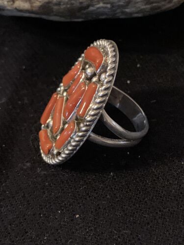Navajo Red Coral Cluster Ring | Authentic Native American Sterling Silver | Multi-Stone | Sz 9 | 00509