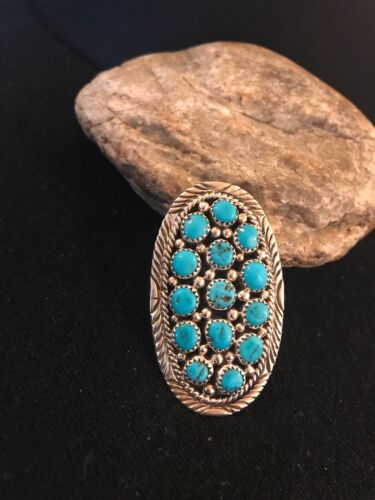 Navajo Kingman Turquoise Cluster Ring | Authentic Native American Sterling Silver | Multi-Stone | Sz 7.5 | 8392