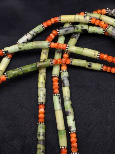 Navajo Green Serpentine & Spiny Oyster Necklace | 3 Strand | Sterling Silver | Authentic Native American Handmade | 4095