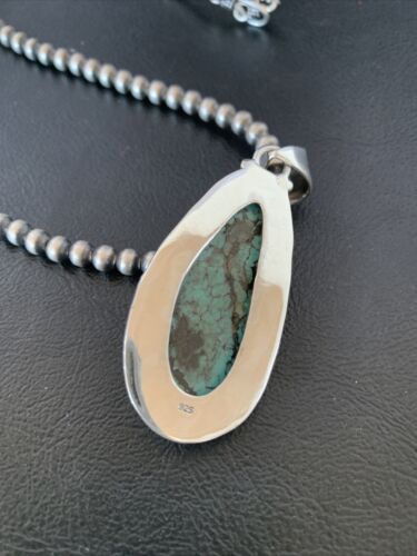 Men's Navajo Pearl Necklace with Blue Spiderweb Turquoise Pendant | Sterling Silver | 10538