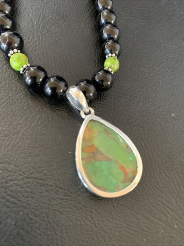 Navajo Pearls Onyx Mojave Turquoise Pendant Necklace | Sterling Silver | Authentic Native American Handmade | 13253