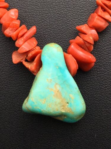 Native American Turquoise and Coral Pendant Necklace | Brass Old Pawn | 19" | 4007