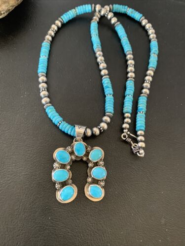 Navajo Blue Turquoise Necklace with Sterling Silver Naja Pendant | Authentic Native American Handmade | 02016