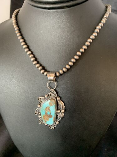 Men's Navajo Blue Dry Creek Turquoise Pendant | Sterling Silver | Pearl Necklace | Native American | 12973