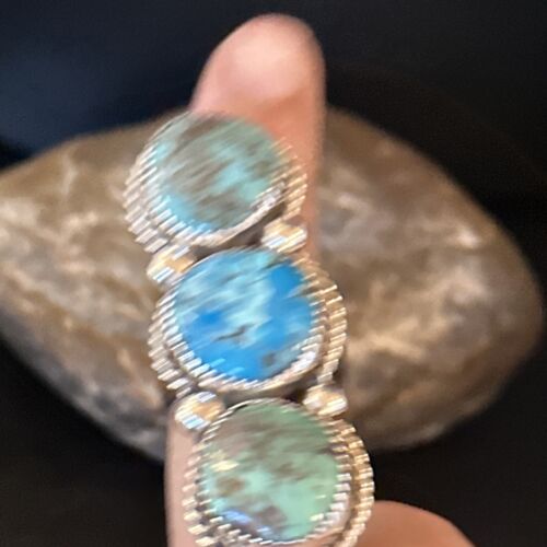 Navajo Blue Kingman Turquoise Cluster Ring | Authentic Native American Sterling Silver | Multi-Stone | Sz 8.5 | 14492