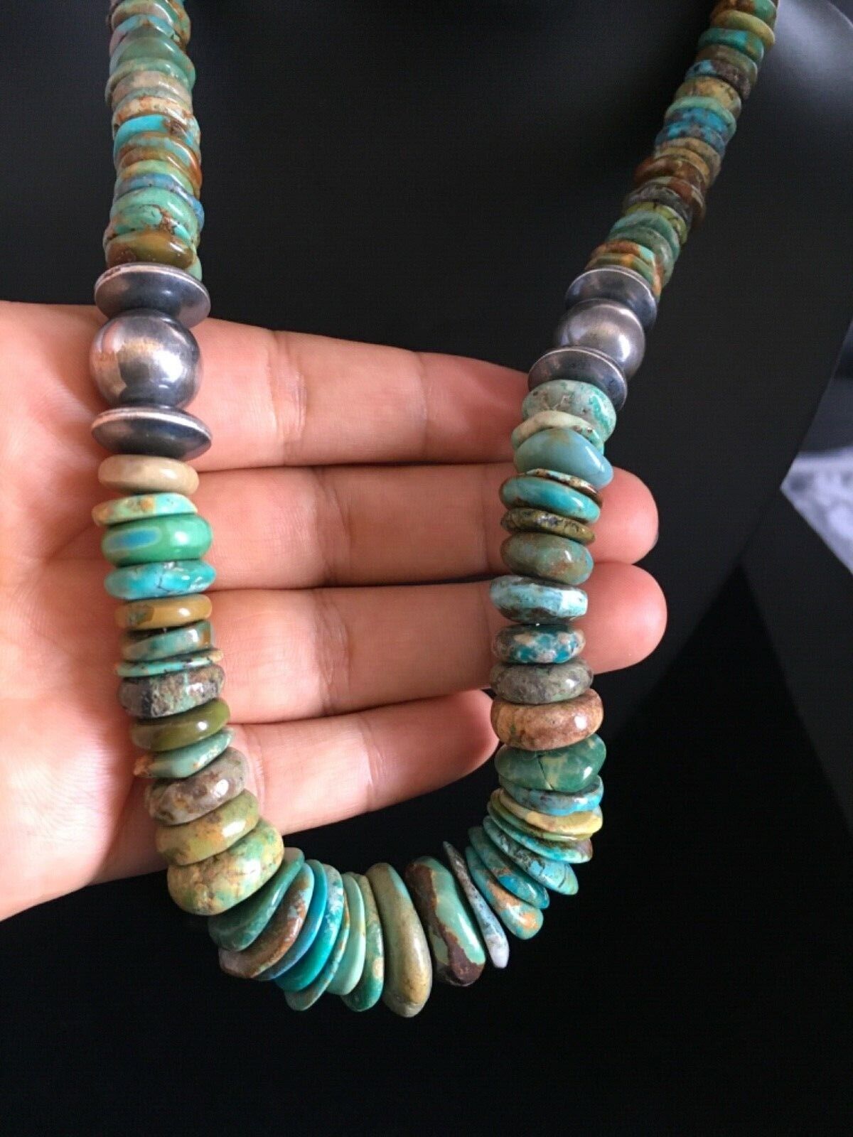 Authentic Native American Navajo Graduated Green Turquoise Necklace | Sterling Silver | 20"