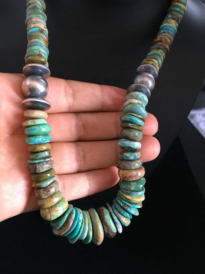 Authentic Native American Navajo Graduated Green Turquoise Necklace | Sterling Silver | 20"