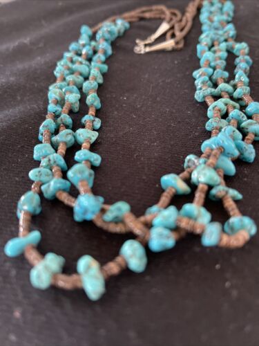 Navajo Kingman Turquoise 3 Strand Necklace | Sterling Silver | Authentic Native American Handmade | 1161