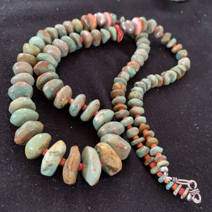 Authentic Native American Navajo Necklace | Sterling Silver | Green Turquoise & Spiny Oyster | 32" | 01669