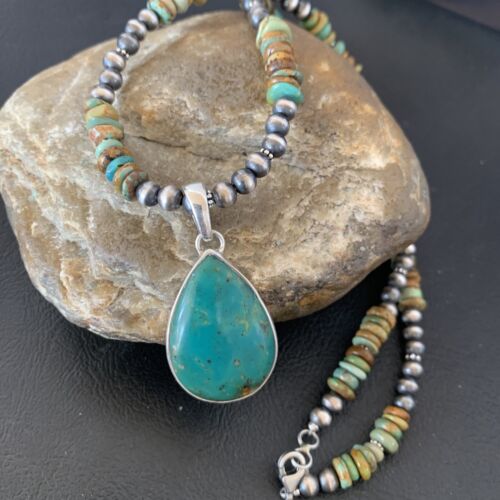 Navajo Royston Bead Green Turquoise Necklace Pendant | Sterling Silver | Authentic Native American Handmade | 11868