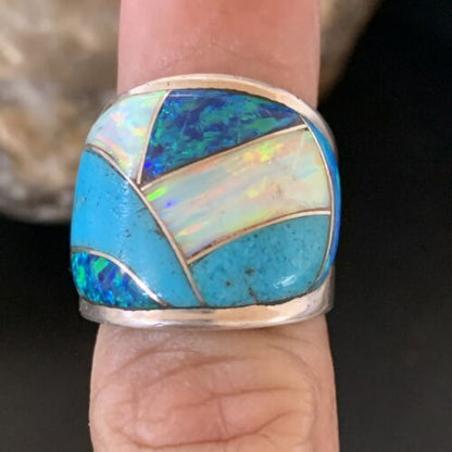 Navajo Blue Turquoise Opal Inlay Band | Sz 5 | Authentic Native American Handmade Men's Pinky Ring | 12858