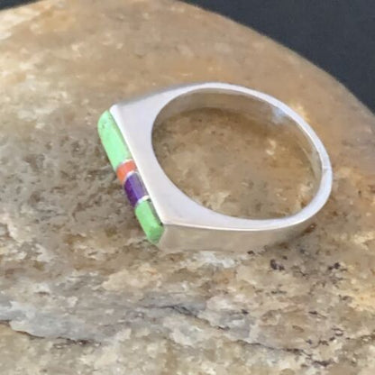 Southwestern Navajo Green Gaspeite Sugilite Red Coral Inlay Ring | Sz 7 | 02252