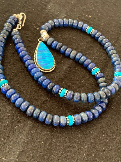 Navajo Opal Pendant with Lapis & Turquoise Necklace and Earrings Set | Sterling Silver | Authentic Native American Handmade | 4328