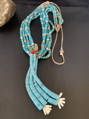 Native American Santo Domingo Spiny Blue Turquoise Shell Jacla Necklace | 5 Strand | 32" | 13192