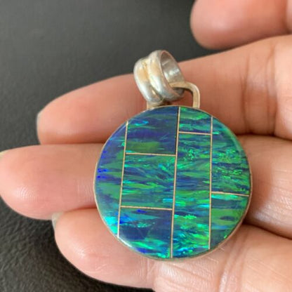 Authentic Native American Navajo Sterling Silver Blue Fire Opal Inlay Pendant | Handmade Jewelry | 13143