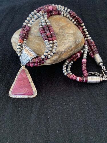 Navajo Purple Spiny Oyster Pendant Necklace | 3-Strand | Sterling Silver | Authentic Native American Handmade | 4107