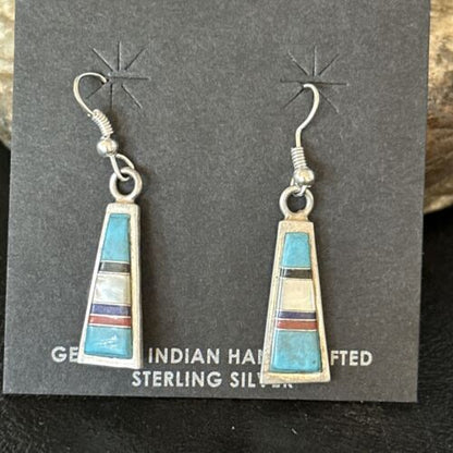 Navajo Multi-Color Turquoise Mother of Pearl Inlay Earrings | Sterling Silver | Authentic Native American Handmade | 14655
