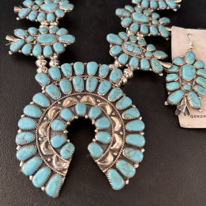 Navajo Blue Turquoise Squash Blossom Necklace & Earrings | Sterling Silver | Authentic Native American Handmade | 14483