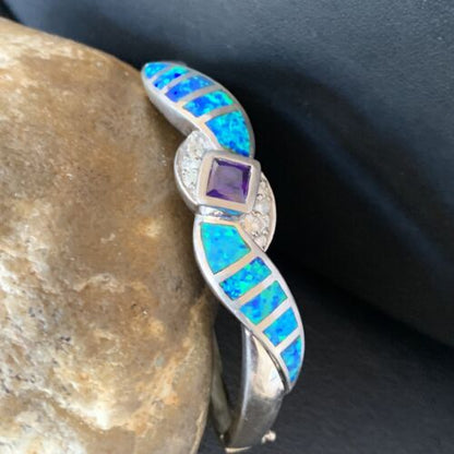 Navajo Blue Opal Amethyst Bracelet | Sterling Silver | 7" | Authentic Native American Handmade | 13123