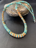 Navajo Green Turquoise & Orange Spiny Oyster Graduated Heishi Necklace | Sterling Silver | Authentic Native American | 20" | 11774