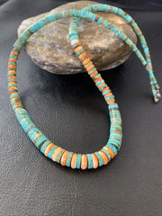 Navajo Green Turquoise & Orange Spiny Oyster Graduated Heishi Necklace | Sterling Silver | Authentic Native American | 20" | 11774