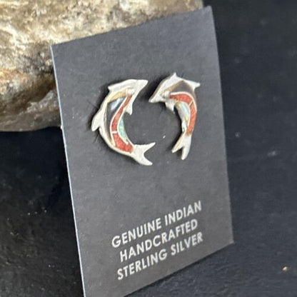 Navajo Multi-Color Dolphin Coral Lapis Inlay Earrings | Sterling Silver | Authentic Native American Handmade | 14658