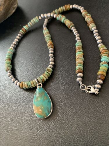 Navajo Green Turquoise Pendant Necklace | Sterling Silver | Authentic Native American Handmade | 11779