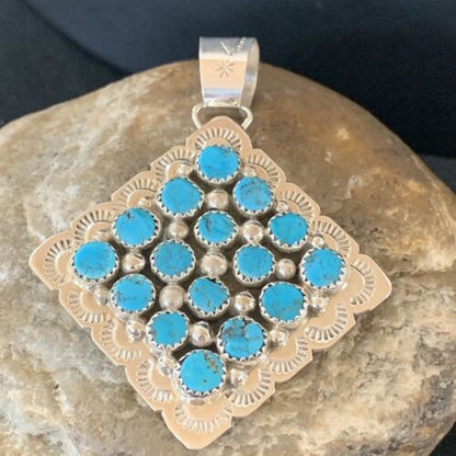 Navajo Blue Turquoise Cluster Pendant | Authentic Native American Sterling Silver | Multi-Stone | 2.5" | 02097