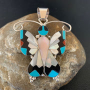 Zuni Blue Turquoise Coral Butterfly Inlay Pendant | Sterling Silver Necklace | Authentic Native American Inlay | 11967