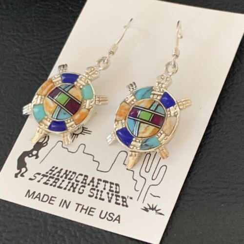 Navajo Turquoise Spiny Opal Inlay Sterling Silver Turtle Earrings | 0.5" | Handmade | 12014