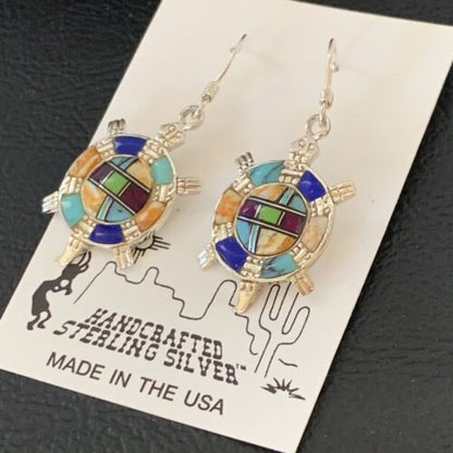 Navajo Turquoise Spiny Opal Inlay Sterling Silver Turtle Earrings | 0.5" | Handmade | 12014