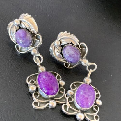 Navajo Purple Sugilite Dangle Post Earrings | Sterling Silver | 2" | Authentic Native American Handmade | 1524