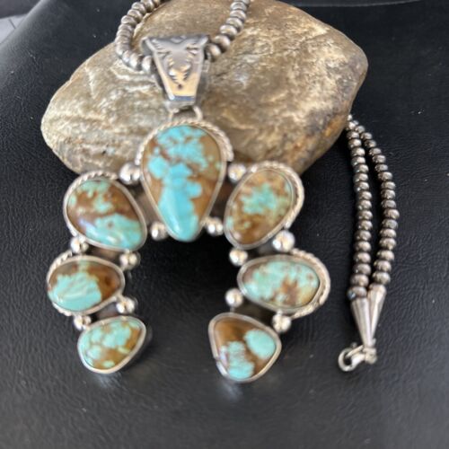 Navajo Blue #8 Turquoise Squash Blossom Necklace Pendant | Authentic Native American Sterling Silver | Naja | 14241