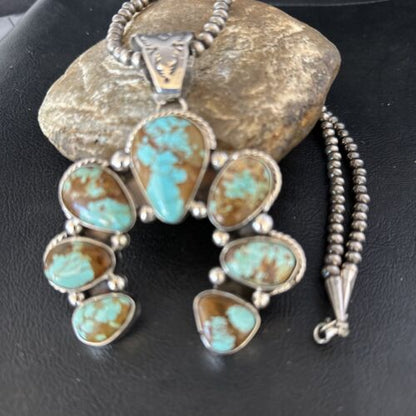 Navajo Blue #8 Turquoise Squash Blossom Necklace Pendant | Authentic Native American Sterling Silver | Naja | 14241