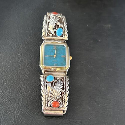 Authentic Navajo Men's Watch Tips Band | Turquoise Coral Feather | Sterling Silver | Native American Jewelry | 14312