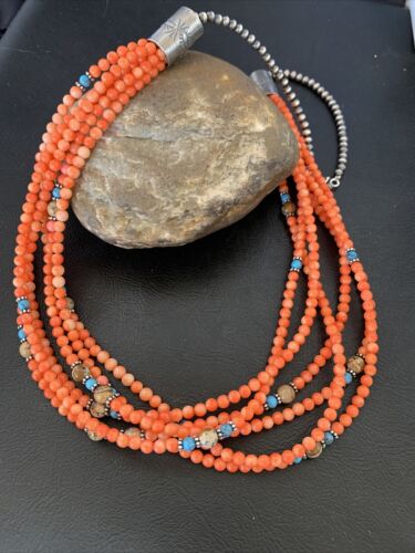 Navajo Pink Coral 5-Strand Turquoise Bead Necklace | Sterling Silver | 25" | Authentic Native American Handmade | 12510