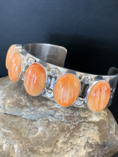 Native American Navajo Orange Spiny Oyster Row Cuff Bracelet | Sterling Silver | 1409